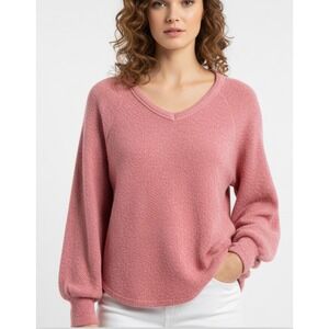Hollister Womens Small Pink V-Neck Fuzzy Knit Balloon Sleeve Sweater